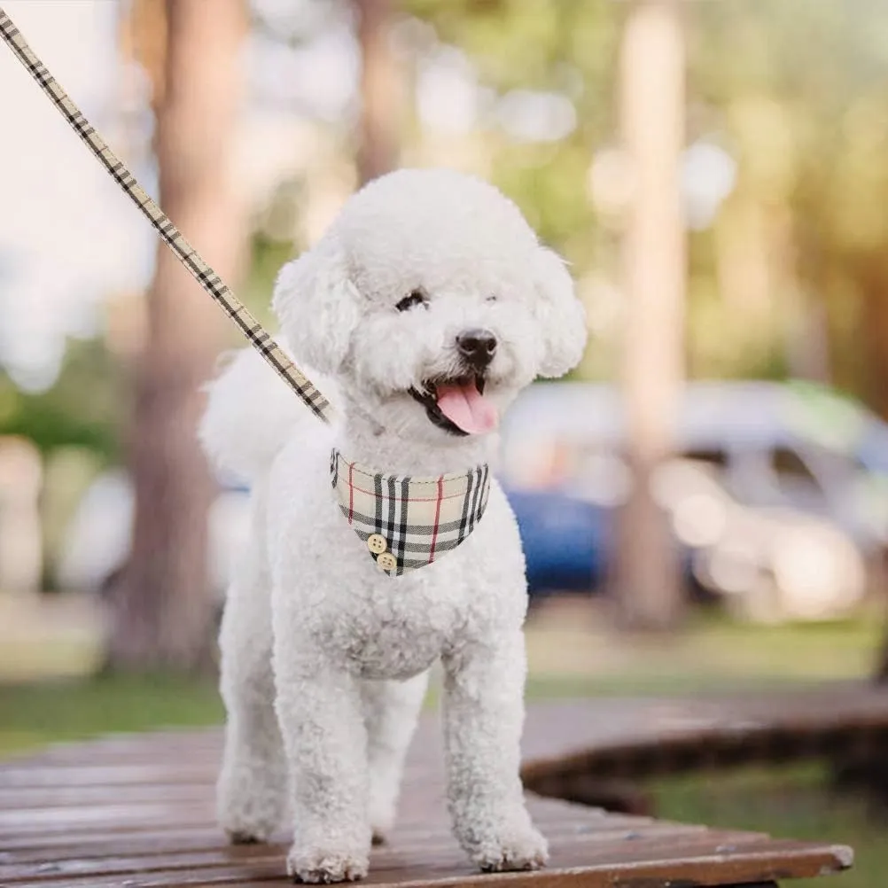 KOOLTAIL Small Dog Collar and Leash Set with Bowtie and Bells - Puppy Collar and Leash for Boy or Girl with Classic Plaid Matching Pattern, Soft Leather Tangle Free Leashes for Small Dogs,Cats,Beige
