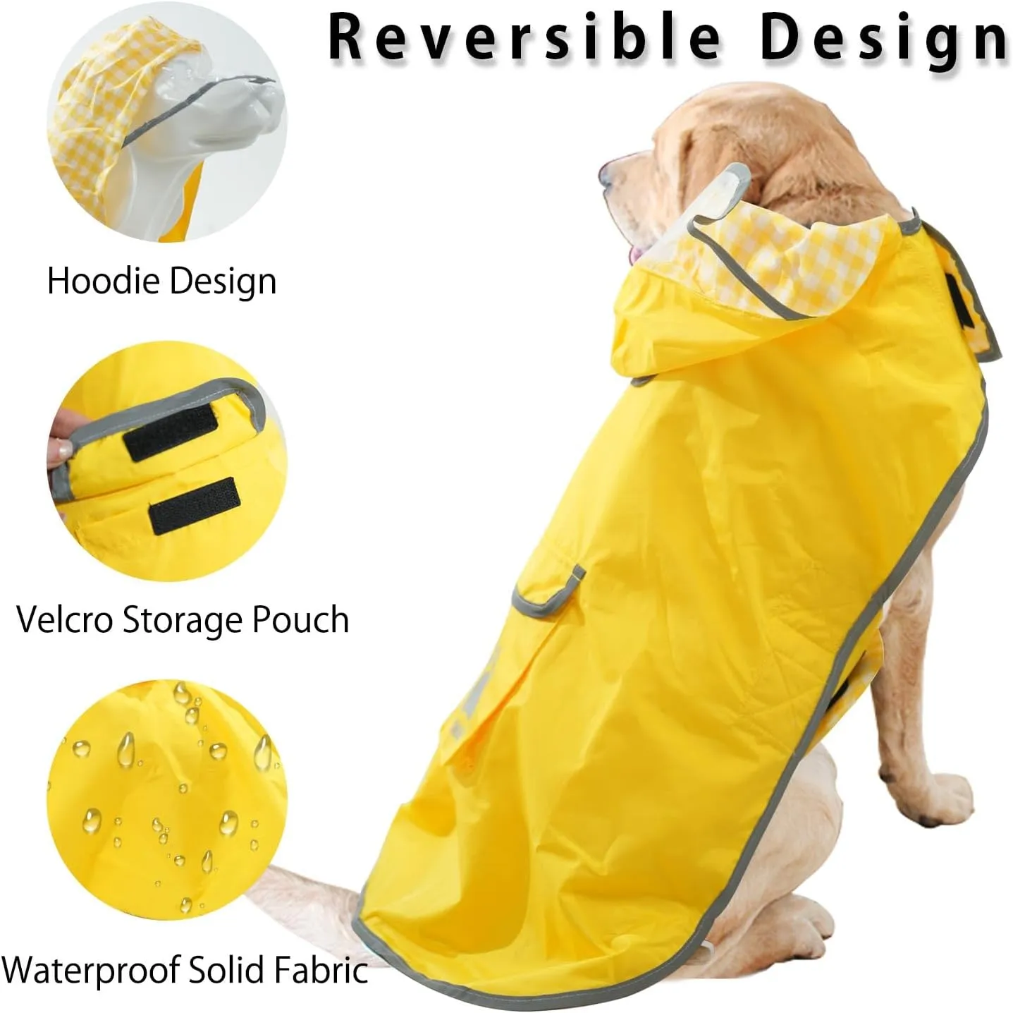 MAMORE Dog Raincoat Reversible,Waterproof Dog Rain Coat Hooded Slicker Poncho with Reflective Strip, Plaid Double Layer Rain Jacket for Small Medium Large Dogs (Yellow, Medium)