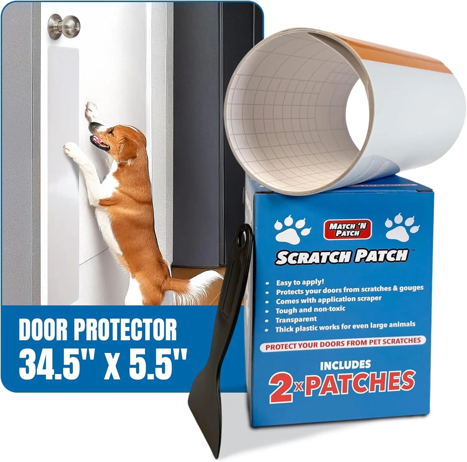 Match 'N Patch Door Protector  Scratch Protectors for Pets  Transparent Shield for Pet Scratches - Self-Adhesive & Easy to Apply, Includes Application Scraper  34.5 x 5.5 Inches, 2 Patches