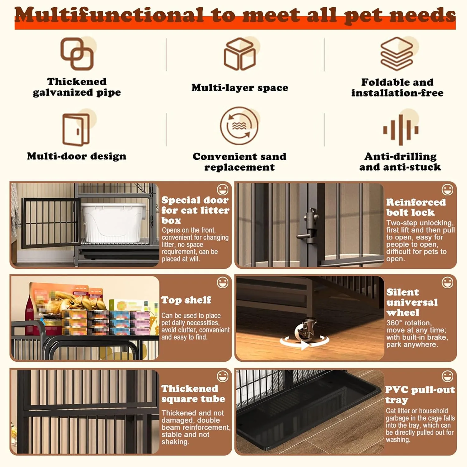 Multi-Tier Collapsible Metal Cat Cage with 360 Rotating Casters, Cat Cages Indoor with Ramp Ladders, Outdoor Enclosure Pet Playpen for Adult Cats Kitten Ferret (White, 4 Tier Without Litter Box)