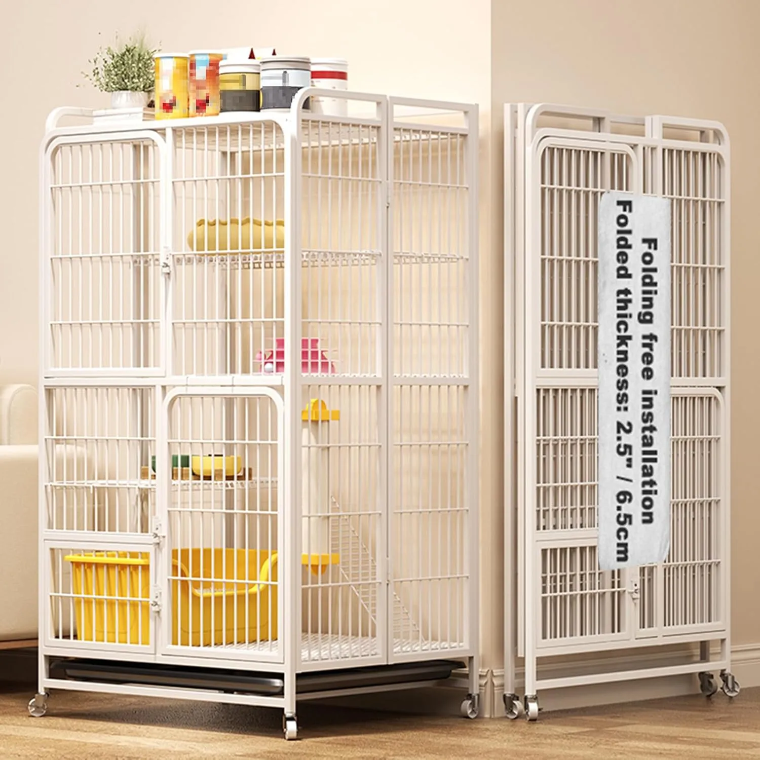 Multi-Tier Collapsible Metal Cat Cage with 360 Rotating Casters, Cat Cages Indoor with Ramp Ladders, Outdoor Enclosure Pet Playpen for Adult Cats Kitten Ferret (White, 4 Tier Without Litter Box)
