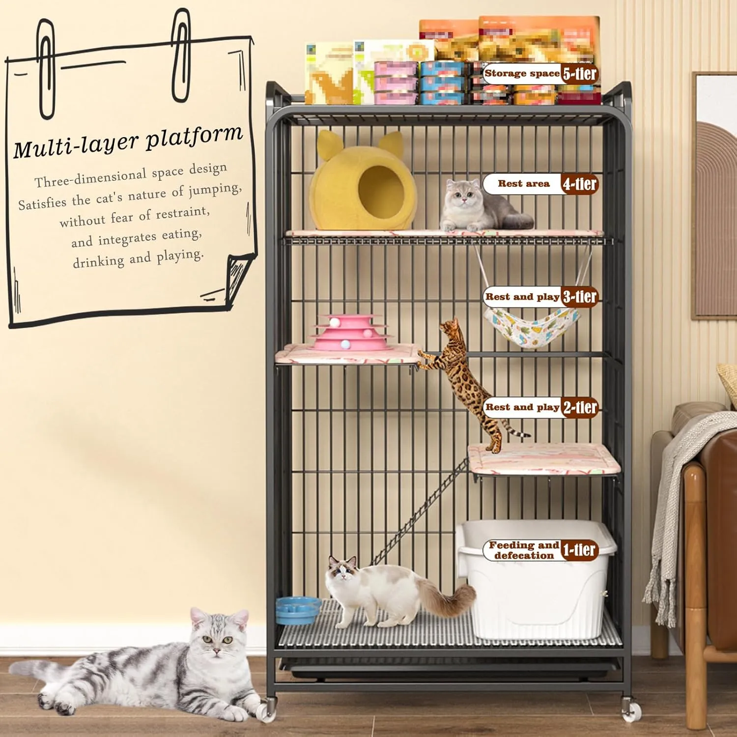 Multi-Tier Collapsible Metal Cat Cage with 360 Rotating Casters, Cat Cages Indoor with Ramp Ladders, Outdoor Enclosure Pet Playpen for Adult Cats Kitten Ferret (White, 4 Tier Without Litter Box)