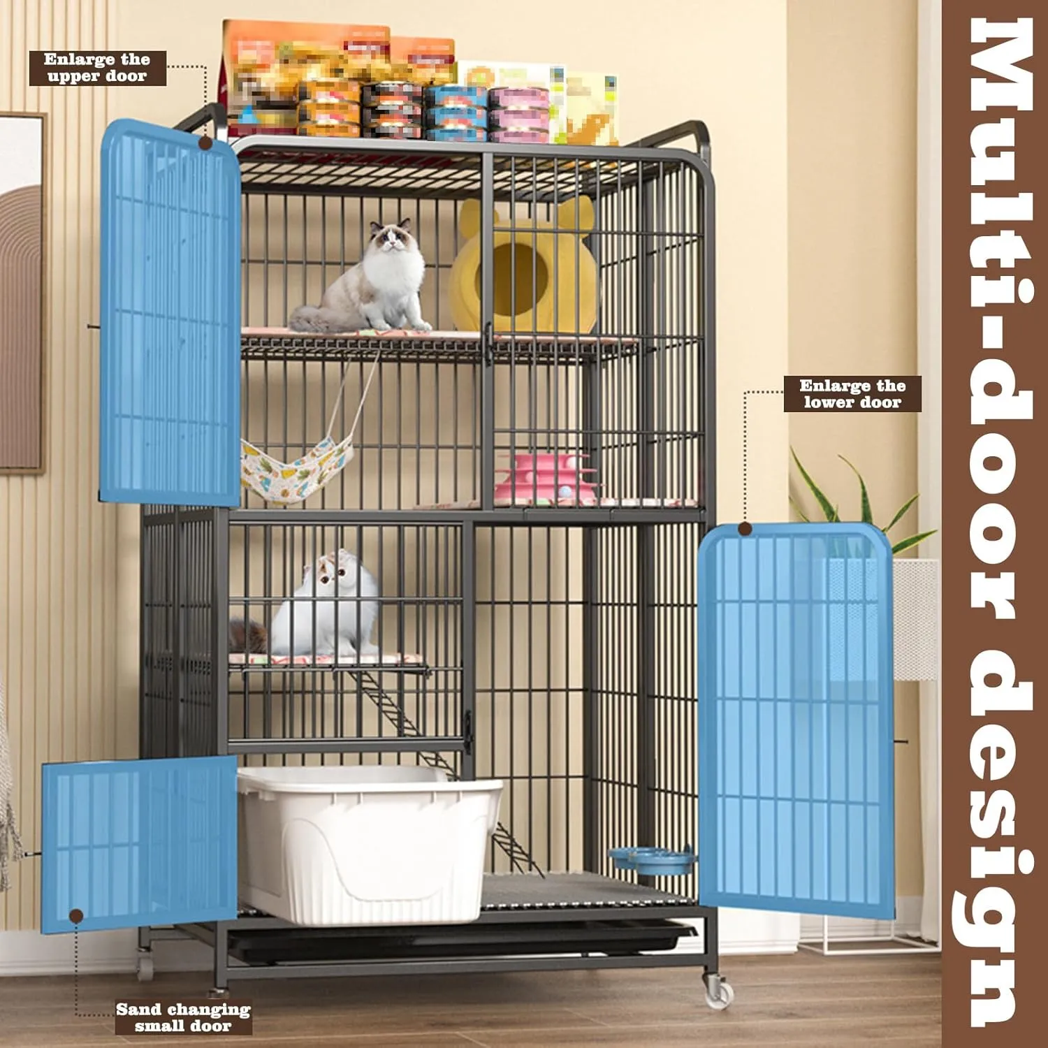 Multi-Tier Collapsible Metal Cat Cage with 360 Rotating Casters, Cat Cages Indoor with Ramp Ladders, Outdoor Enclosure Pet Playpen for Adult Cats Kitten Ferret (White, 4 Tier Without Litter Box)
