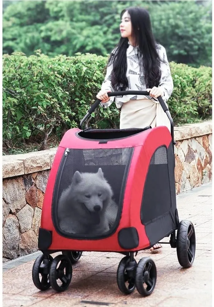 Pet Strollers for Medium Large Dogs Strolling Cart for 2 Dogs 4 Wheels Collapsible Dog Carrier Pet Stroller for Outdoor Travel Max.110 LBS (Red)