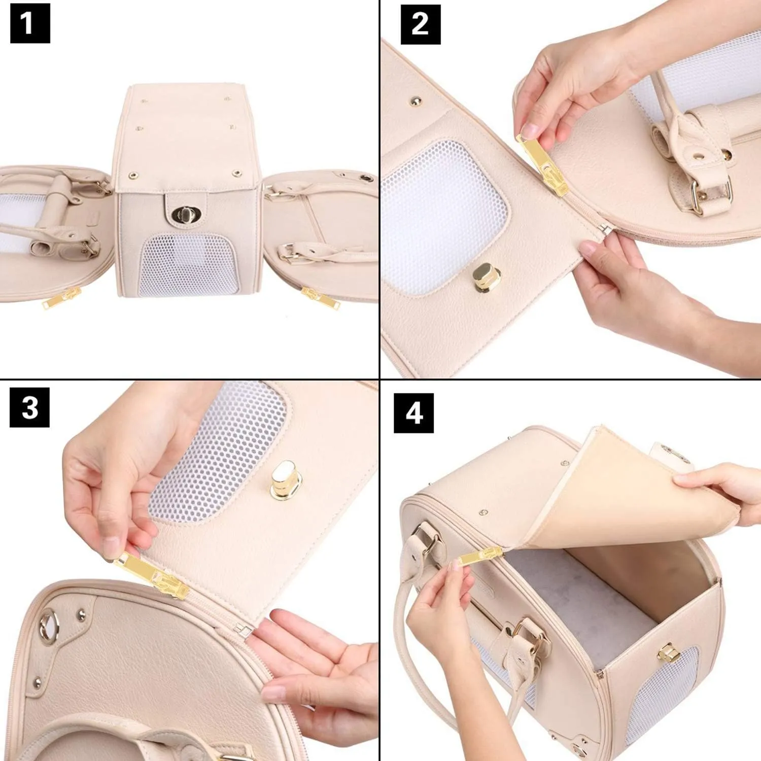 PetsHome Dog Carrier Purse, Pet Carrier, Cat Carrier, Waterproof Premium Leather Pet Travel Portable Bag Carrier for Cat and Small Dog Home & Outdoor Medium Beige