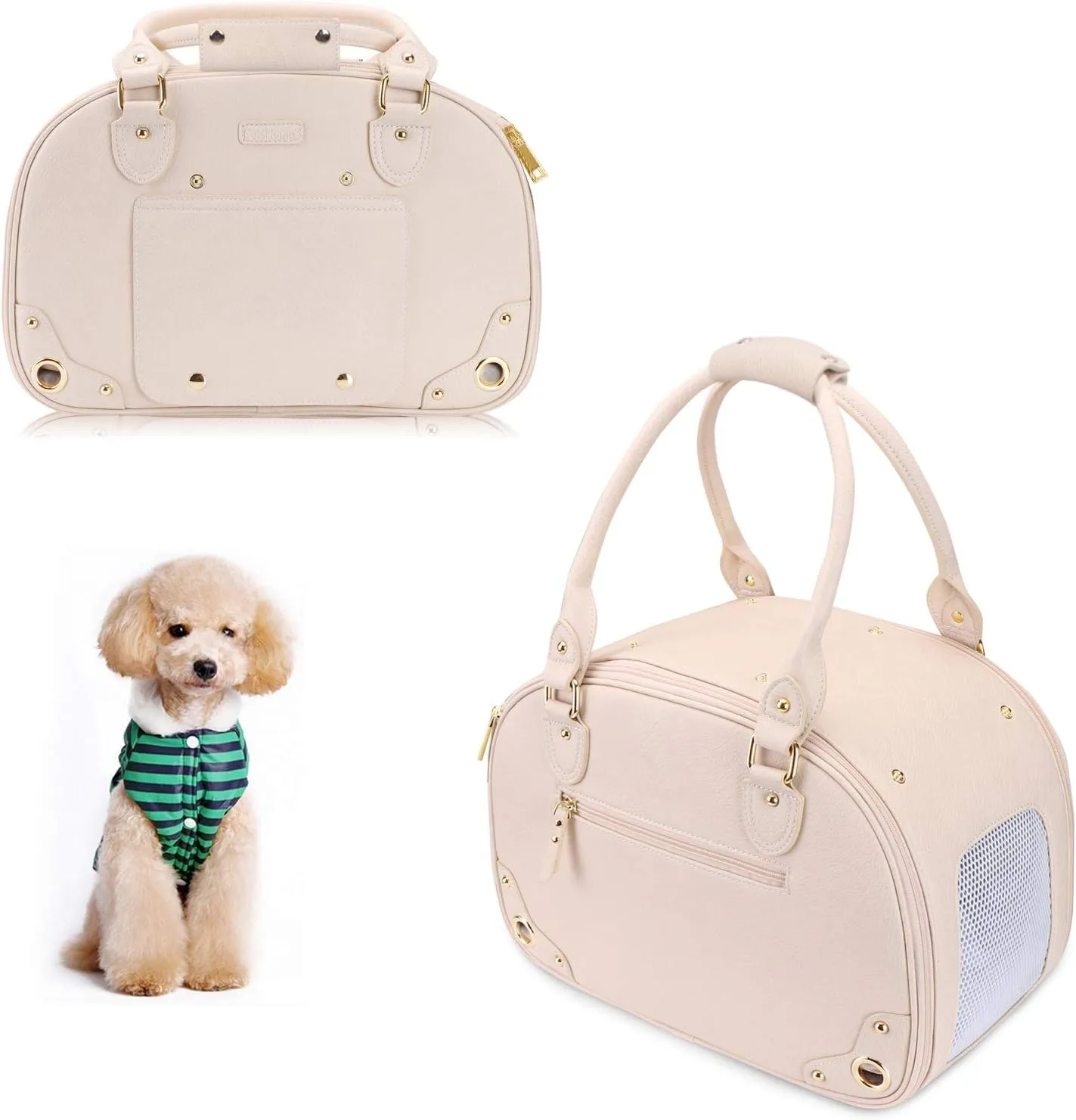 PetsHome Dog Carrier Purse, Pet Carrier, Cat Carrier, Waterproof Premium Leather Pet Travel Portable Bag Carrier for Cat and Small Dog Home & Outdoor Medium Beige