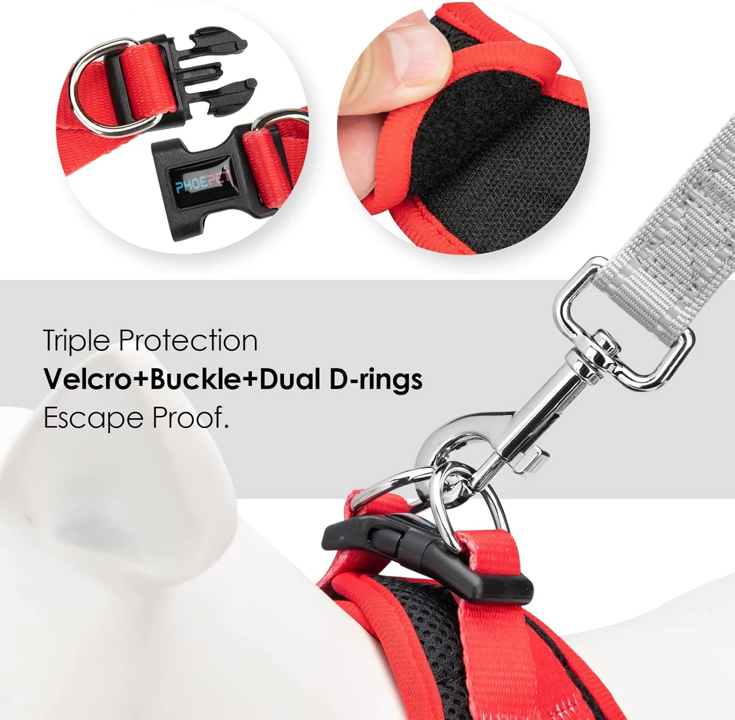 PHOEPET Step-in Dog Harness,Reflective Adjustable Dog Vest Harness, Soft Pet Walking Jacket with 2 Metal Leash Hooks for Dog and Cat(Black Base & Red Straps,M)