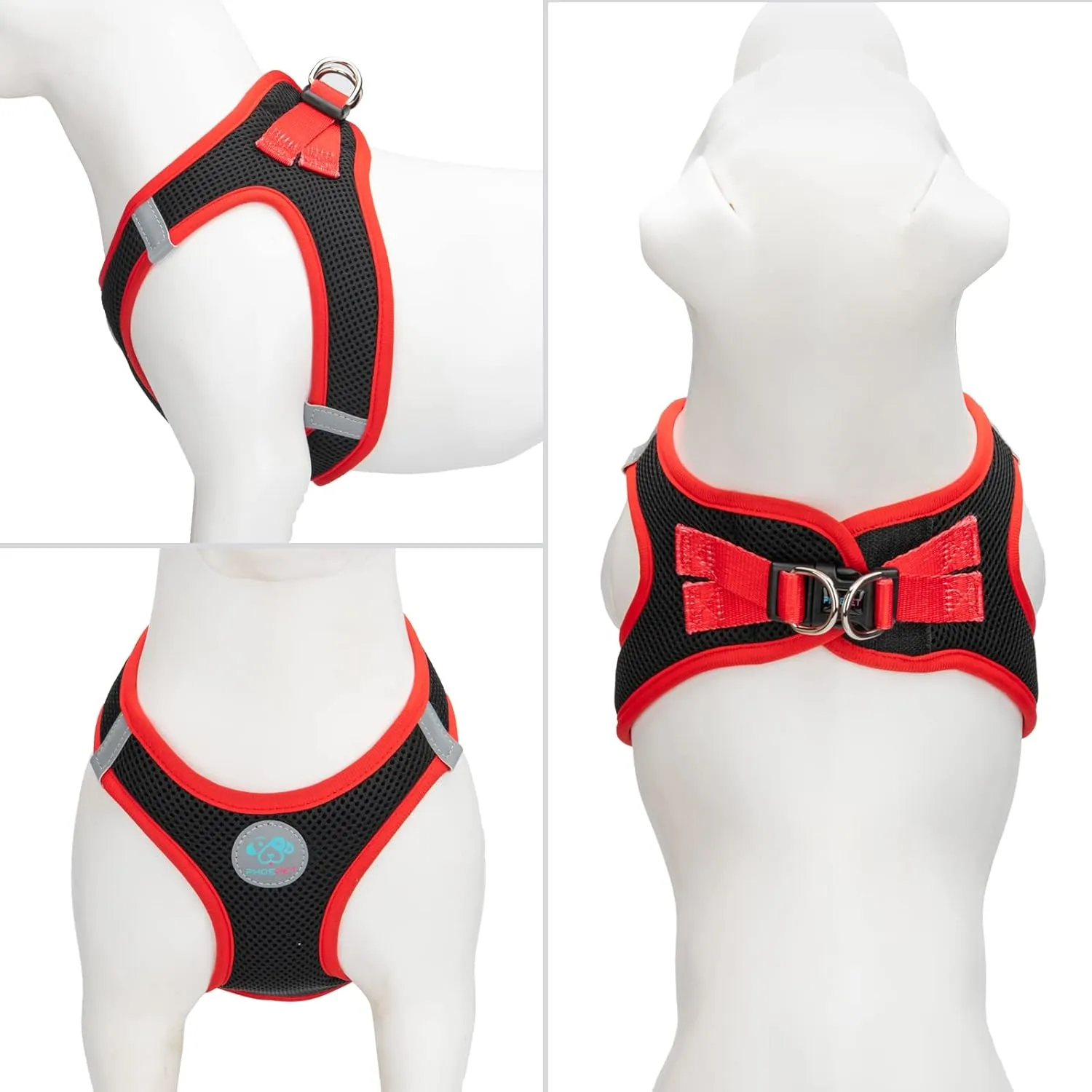 PHOEPET Step-in Dog Harness,Reflective Adjustable Dog Vest Harness, Soft Pet Walking Jacket with 2 Metal Leash Hooks for Dog and Cat(Black Base & Red Straps,M)