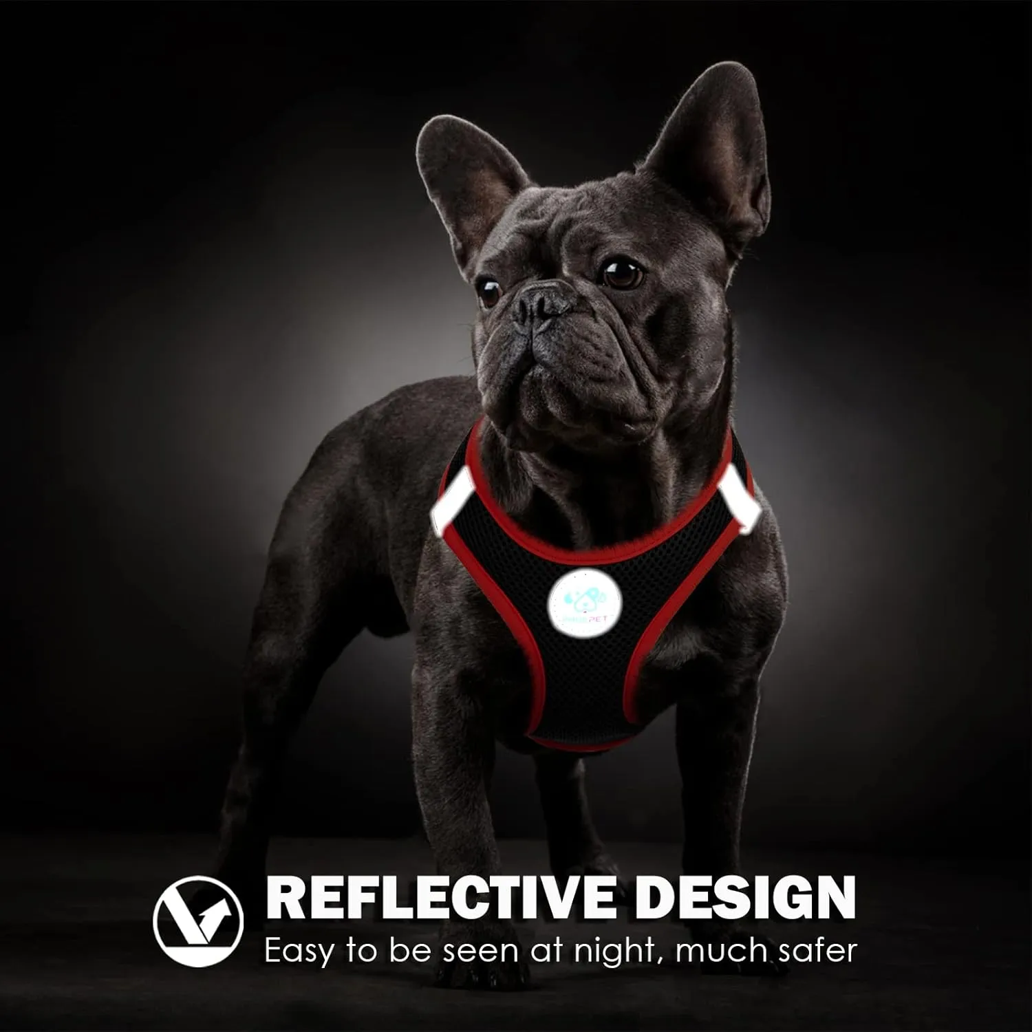 PHOEPET Step-in Dog Harness,Reflective Adjustable Dog Vest Harness, Soft Pet Walking Jacket with 2 Metal Leash Hooks for Dog and Cat(Black Base & Red Straps,M)
