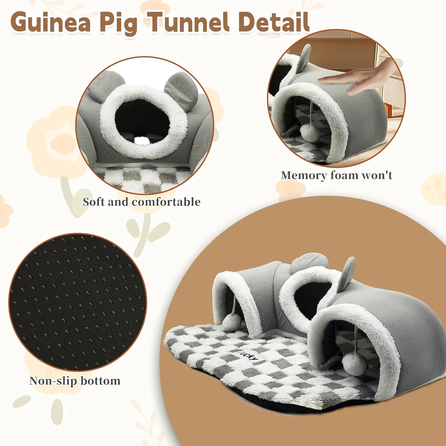 PINVNBY 3 Pcs Guinea Pig Hideout and Tunnel Bed, Removable Soft Bunny Tunnel Tube with Guinea Pig Liner Small Animal Tunnel Toy for Ferrets Hamster Hedgehog Kitty ChinchillaGray