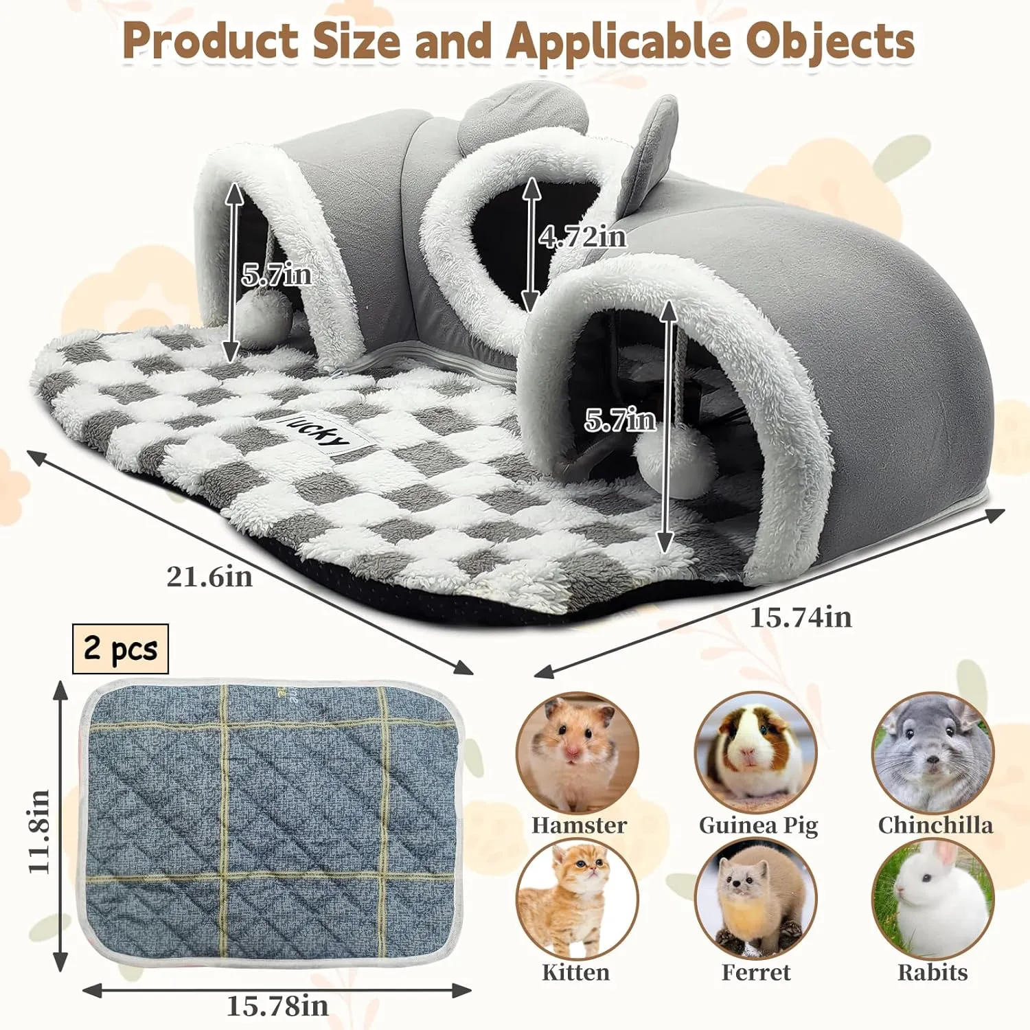 PINVNBY 3 Pcs Guinea Pig Hideout and Tunnel Bed, Removable Soft Bunny Tunnel Tube with Guinea Pig Liner Small Animal Tunnel Toy for Ferrets Hamster Hedgehog Kitty ChinchillaGray
