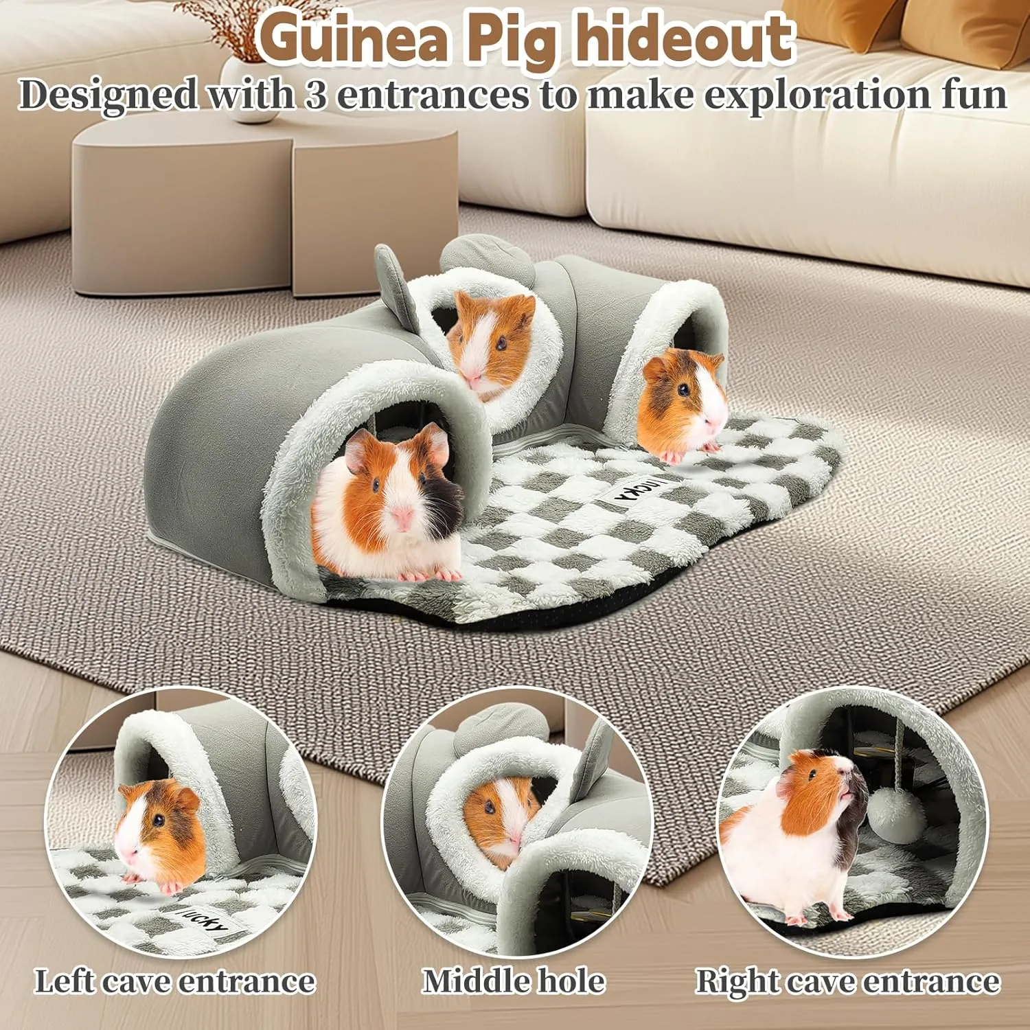 PINVNBY 3 Pcs Guinea Pig Hideout and Tunnel Bed, Removable Soft Bunny Tunnel Tube with Guinea Pig Liner Small Animal Tunnel Toy for Ferrets Hamster Hedgehog Kitty ChinchillaGray