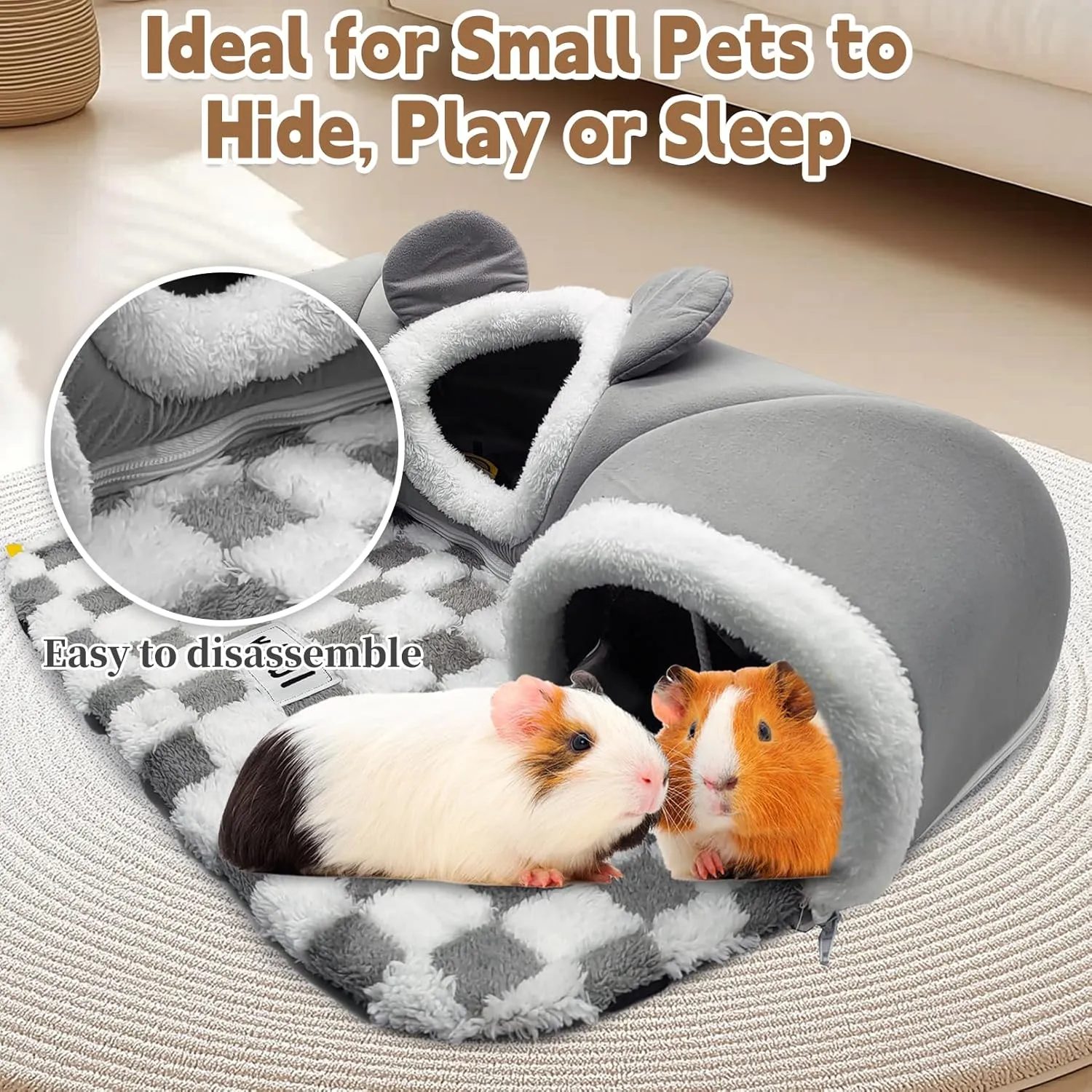 PINVNBY 3 Pcs Guinea Pig Hideout and Tunnel Bed, Removable Soft Bunny Tunnel Tube with Guinea Pig Liner Small Animal Tunnel Toy for Ferrets Hamster Hedgehog Kitty ChinchillaGray