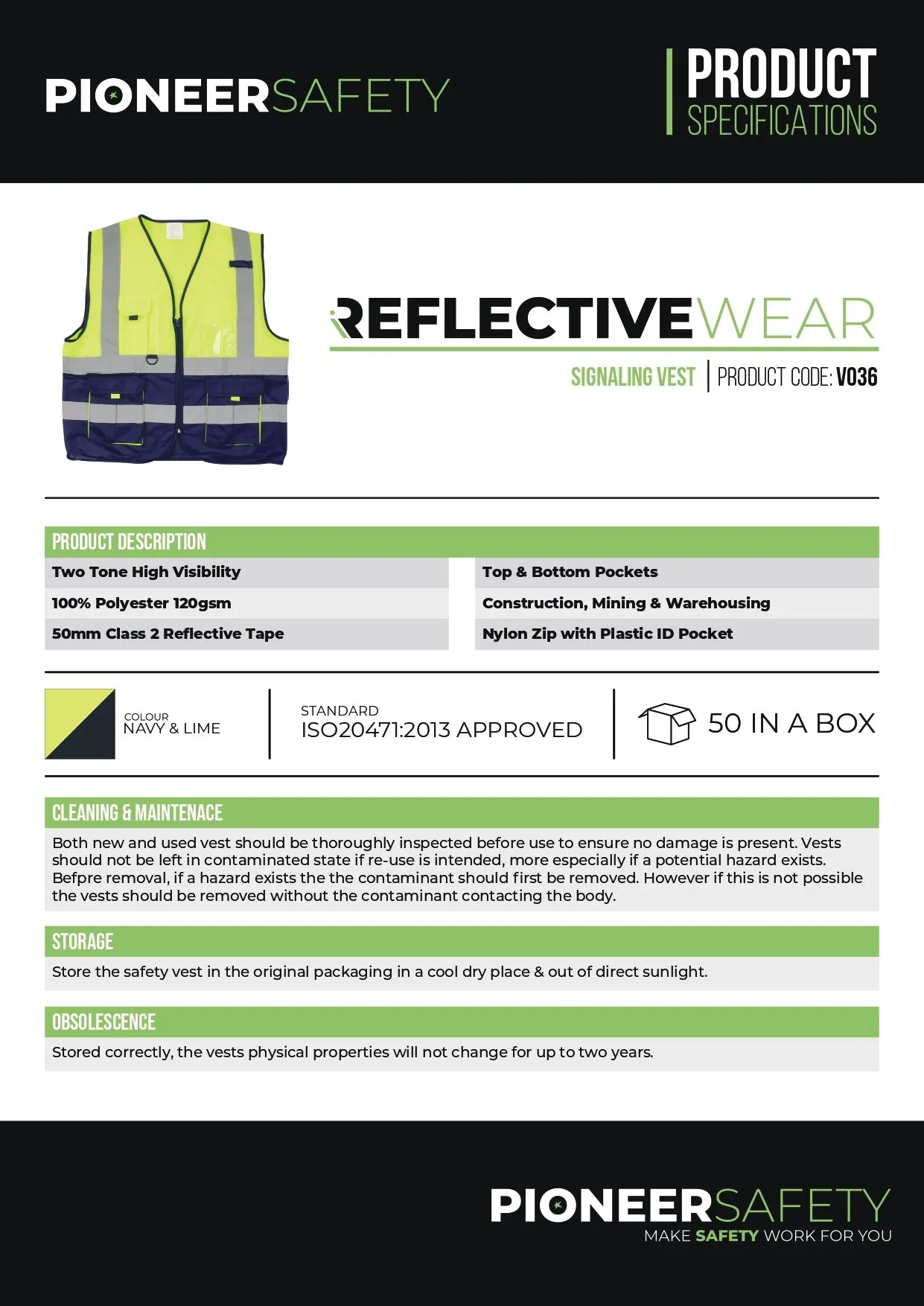PIONEER SAFETY Vests Signaling With Zip Id Pocket Lime/Navy