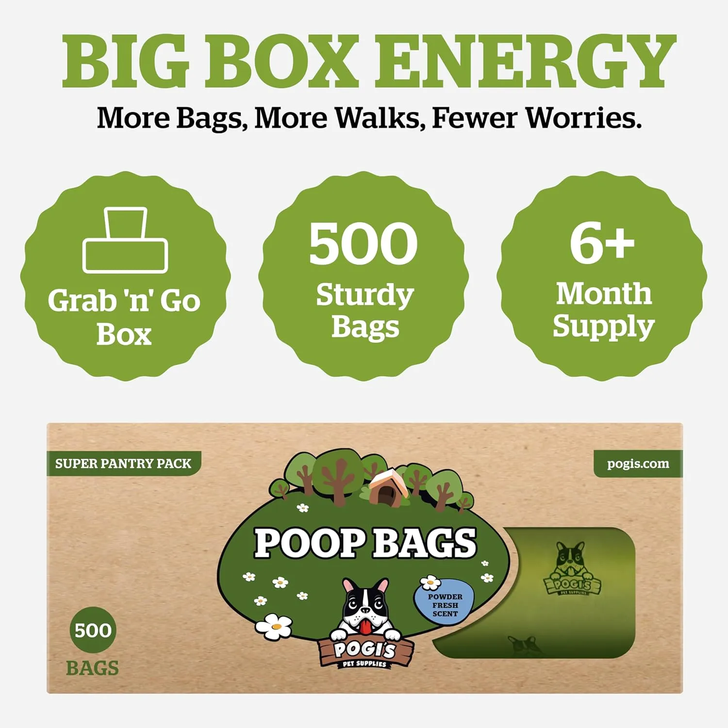 Pogi's Poop Bags  Large, Leak-Proof Dog Waste Bags for Yard or Home Use, Fresh Scent (Single Roll, 500-Count)