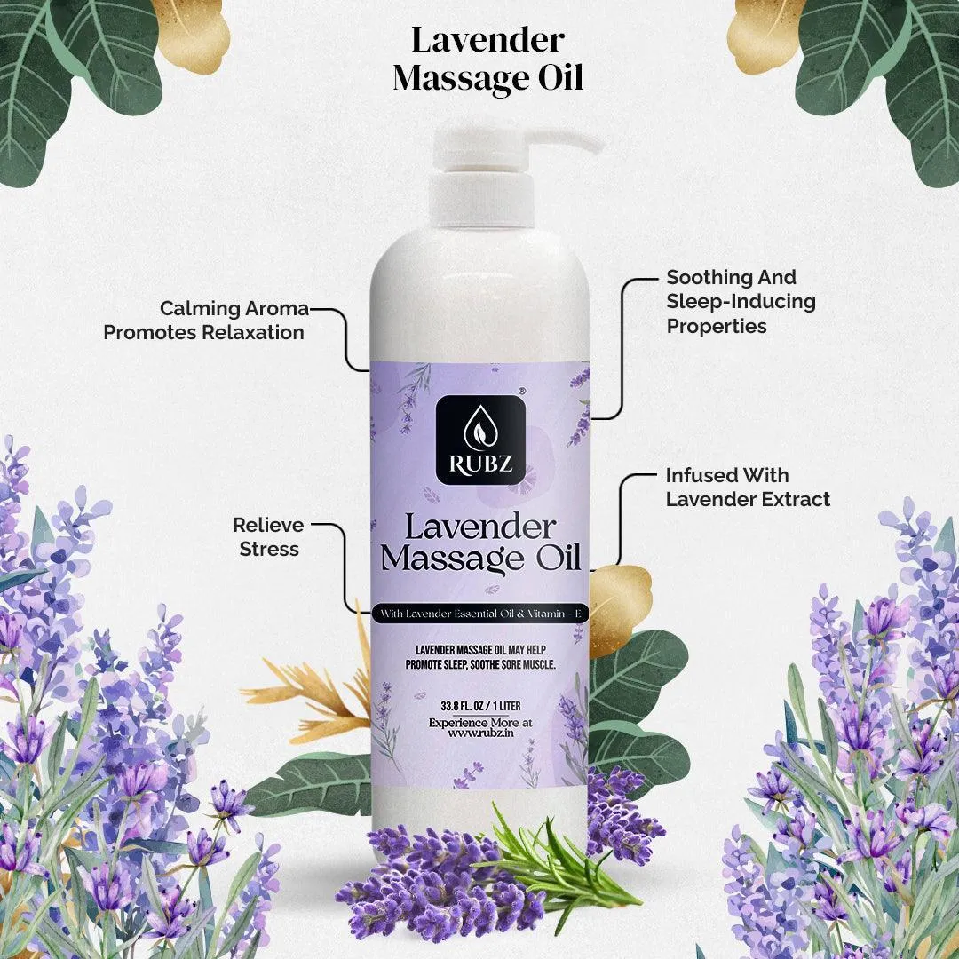 Rubz Lavender Body Massage Oil | Relaxing, Soothing & Destressing Body Massage Oil for Men & Women | Best for Aromatherapy & Full Body Spa | 1 Litre