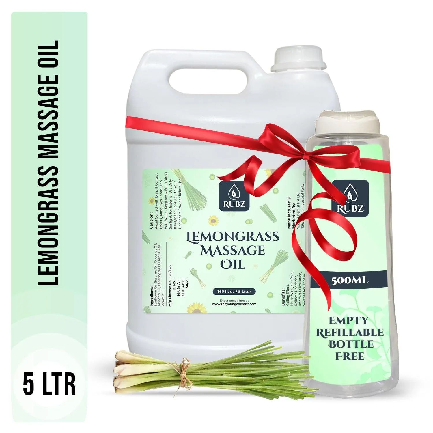 Rubz Lemongrass Body Massage Oil | Relaxing, Soothing & Destressing Body Massage Oil for Men & Women | Best for Aromatherapy & Full Body Spa | 5 Litre