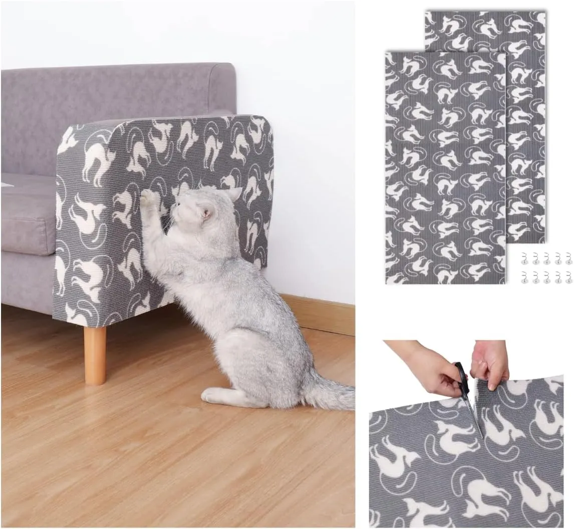Set of Two 39.4'x15.8 Trimmable DIY Upholstery Cat Anti-Scratch Mat - Asisumption Self-Adhesive Pads for Carpet, Cat Tree Shelves Replacement, Cat Climbing Walls and Couch Protector (Grey Cats)