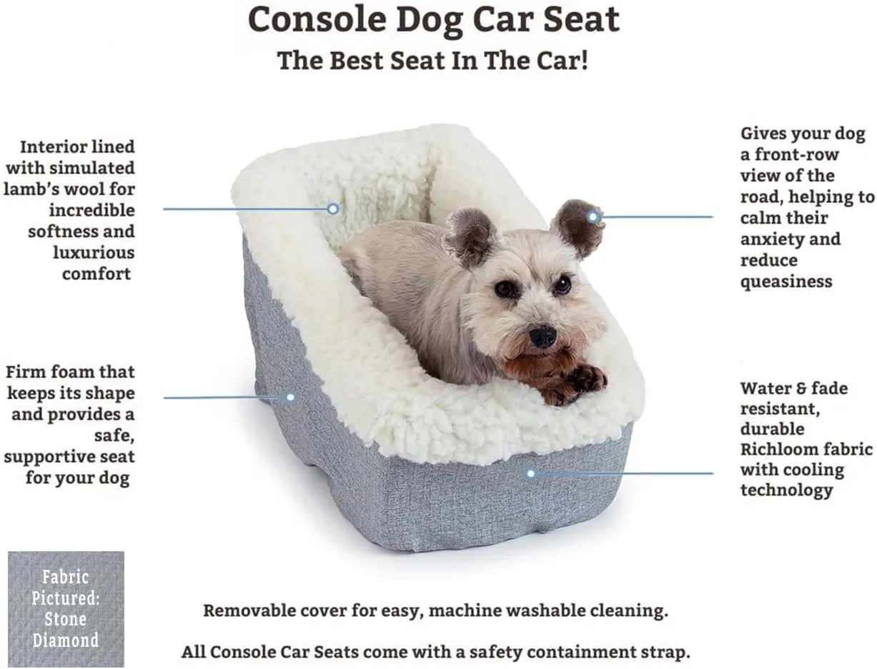Snoozer Small Console Dog Car Seat Travel Dog Bed Carrier for Dogs up to 7 lbs, Provides Safe & Calm Pet Travel with Dog Car Seat Belt Harness Strap, Removable Machine Washable Stone Diamond Cover
