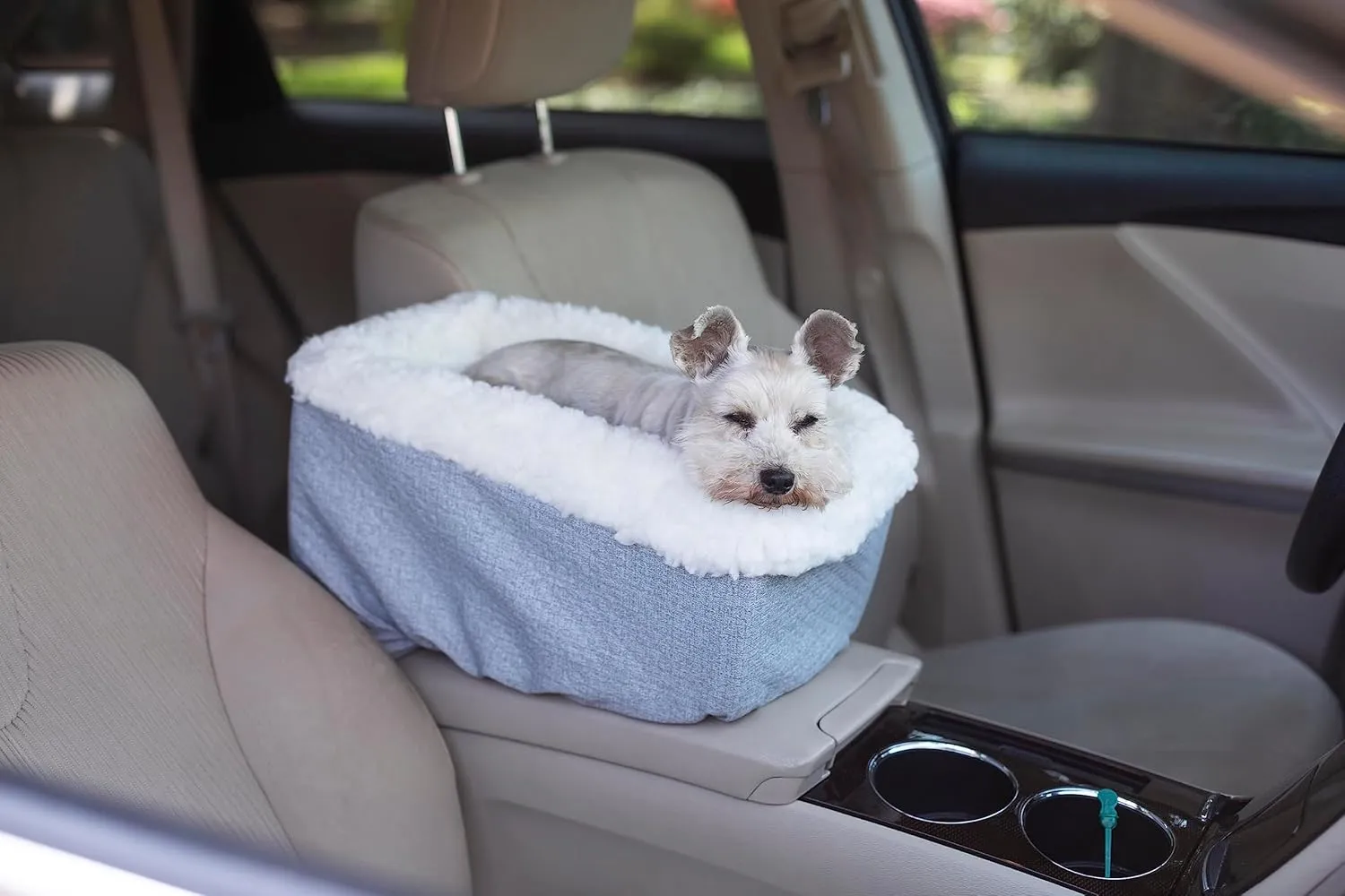 Snoozer Small Console Dog Car Seat Travel Dog Bed Carrier for Dogs up to 7 lbs, Provides Safe & Calm Pet Travel with Dog Car Seat Belt Harness Strap, Removable Machine Washable Stone Diamond Cover