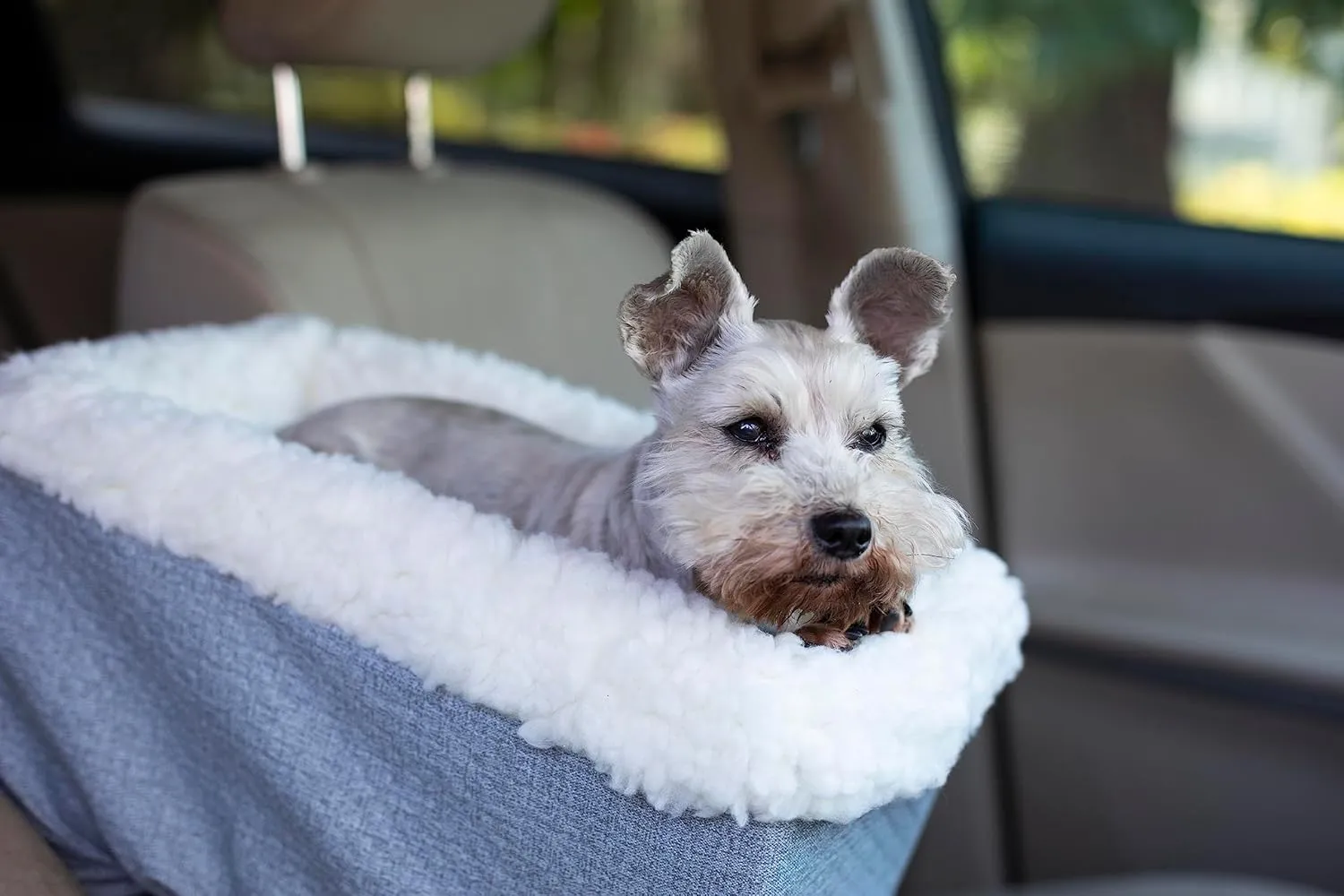 Snoozer Small Console Dog Car Seat Travel Dog Bed Carrier for Dogs up to 7 lbs, Provides Safe & Calm Pet Travel with Dog Car Seat Belt Harness Strap, Removable Machine Washable Stone Diamond Cover