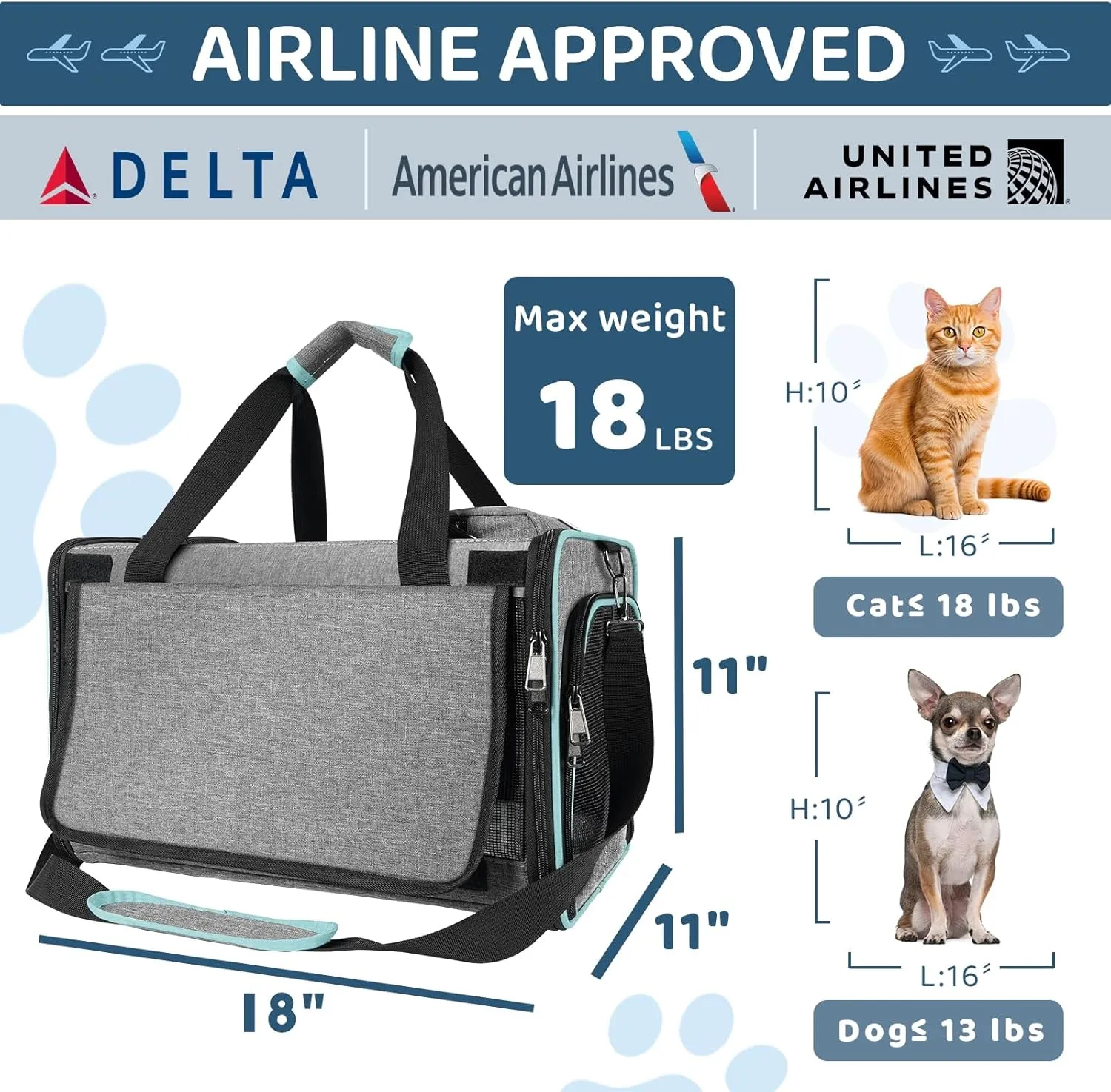 Soft-Sided Airline-Compliant Pet Carrier  18x11x11 Inch Underseat TSA-Approved Travel Bag for Cats & Small Dogs Under 15 lbs