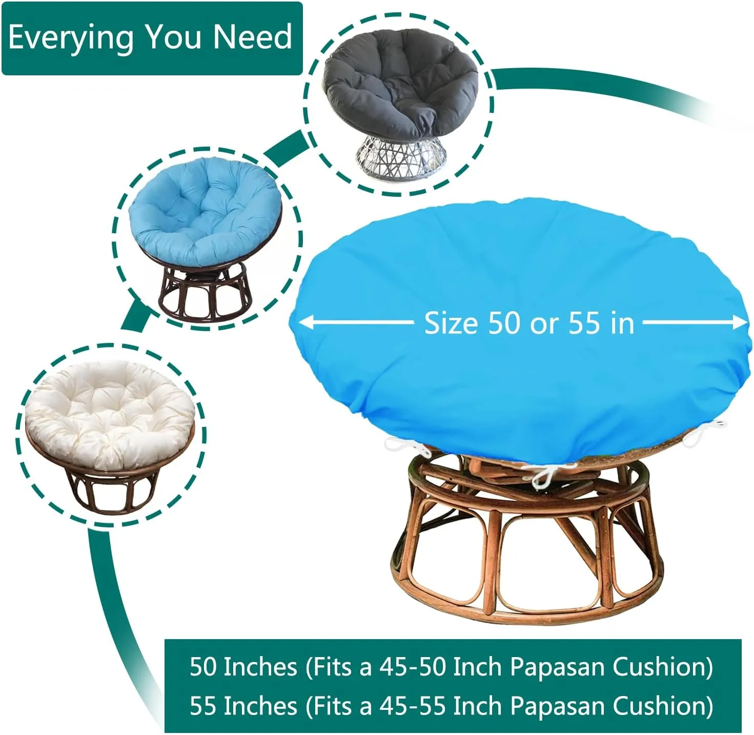 Sqodok Papasan Cushion Cover Only, 50in Outdoor Indoor Papasan Chair Cushion Covers Water Resistant, Machine Washable Papasan Chair Cushion Slipcover with Zipper and Straps (Sky Blue, 55" x 55")