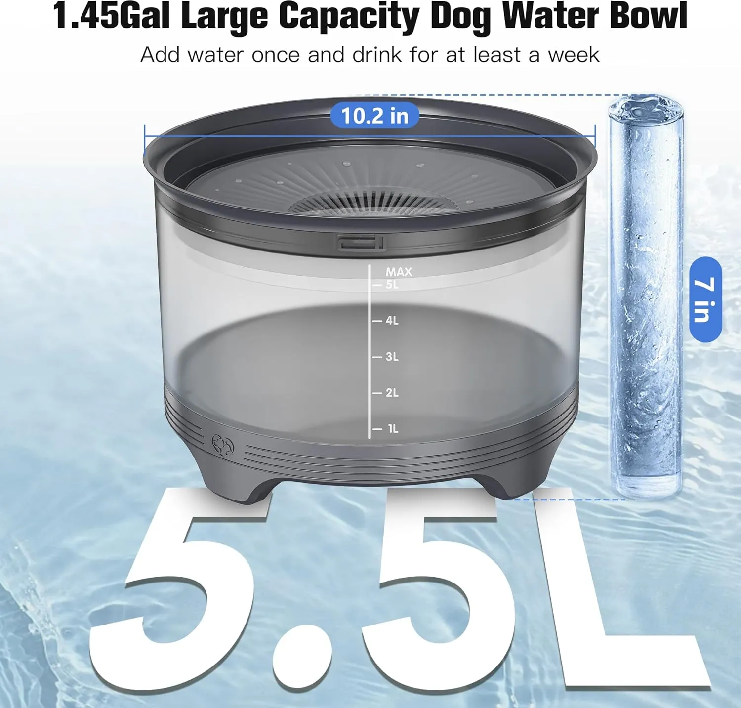 UPSKY 5.5L Dog Water Bowl,186oz Large Capacity No Spill Water Bowl for Dogs, Splash Proof Slow Water Feeder with Heightened Base, Anti-Slip Slow Drinking Pet Water Bowl for Messy Drinkers, A-Grey