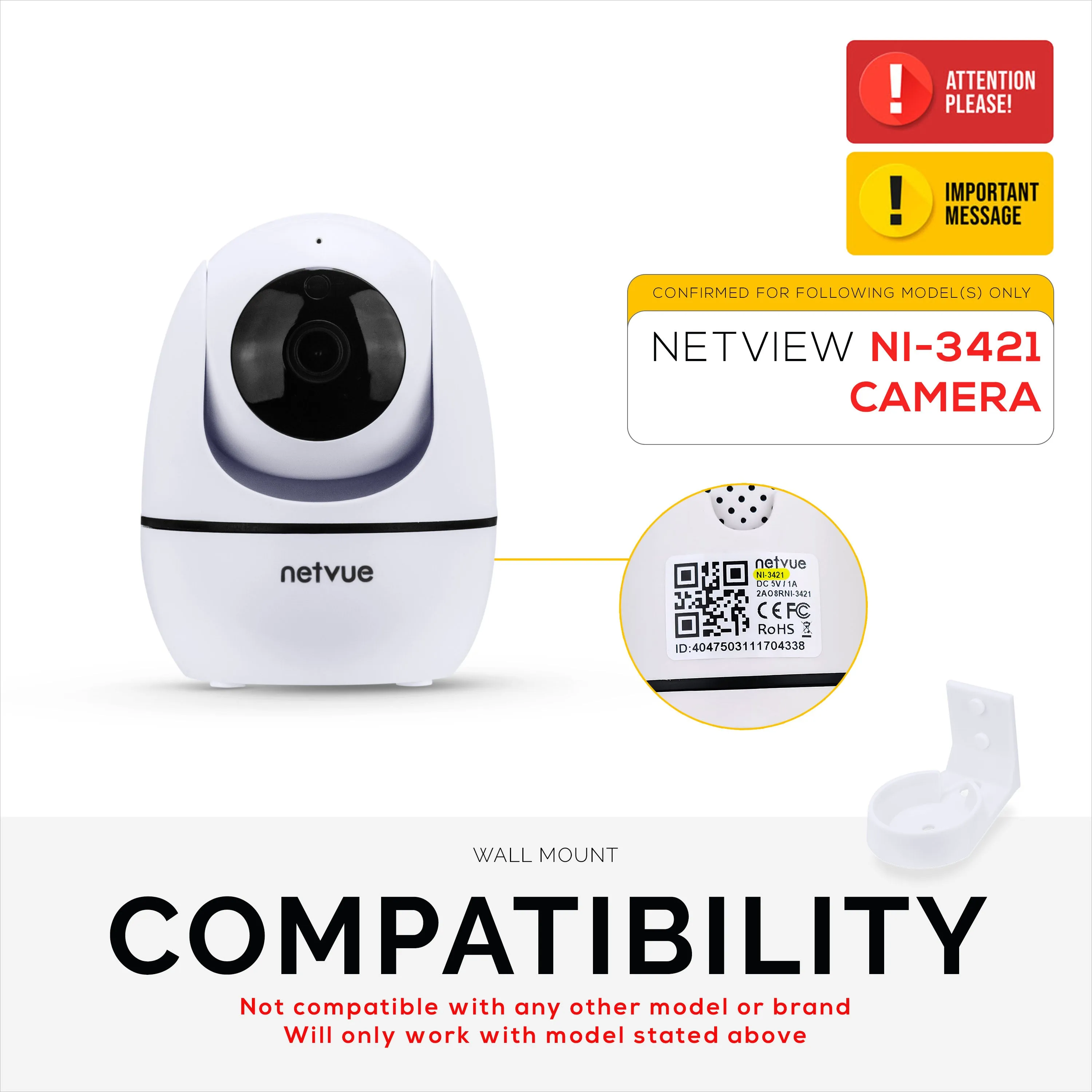 Wall Mount for NETVUE NI-342 Pet & Baby Indoor Camera, Adhesive Security Camera Holder Bracket, Reduce Blind Spots & Clutter, Adhesive & Screw-In Mounting
